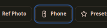 Close-up of the Location tab toolbar showing the Ref Photo button, the Phone button (with an attention ring when the active photo has no GPS), and the start of the Presets dropdown.