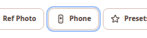 Close-up of the Location tab toolbar showing the Ref Photo button, the Phone button (with an attention ring when the active photo has no GPS), and the start of the Presets dropdown.
