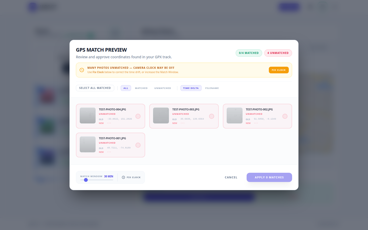 An EXIF viewer showing GPS coordinates, camera model, and timestamp fields embedded in a JPEG before a local strip.
