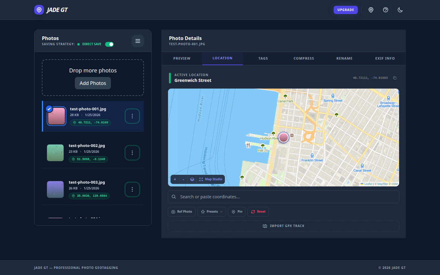 The Jade GT Location tab showing a venue pin dropped on the map and ready to apply to all selected photos.