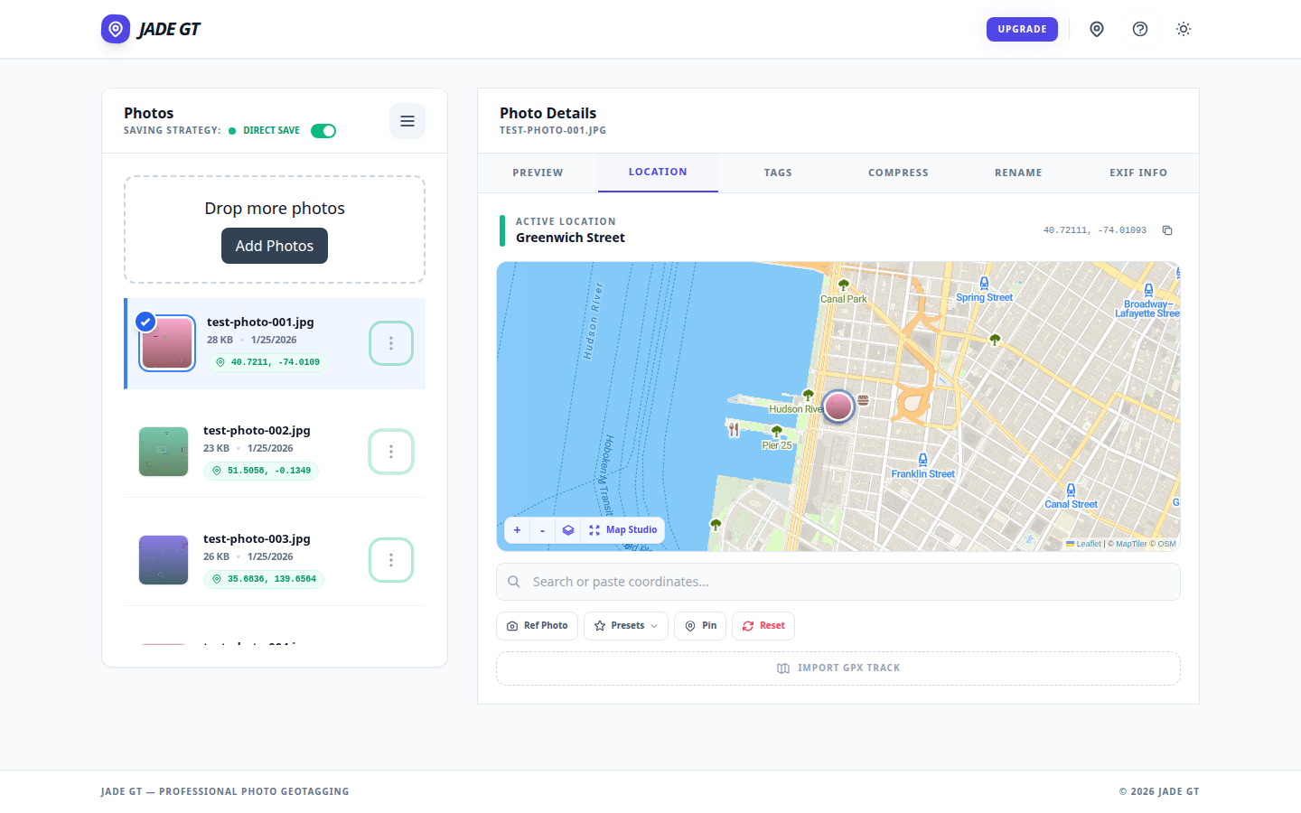 The Jade GT Location tab showing a venue pin dropped on the map and ready to apply to all selected photos.