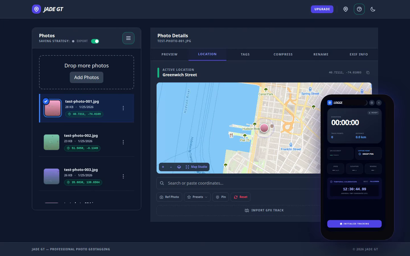 Jade GT app — photo list with map and geotagged locations